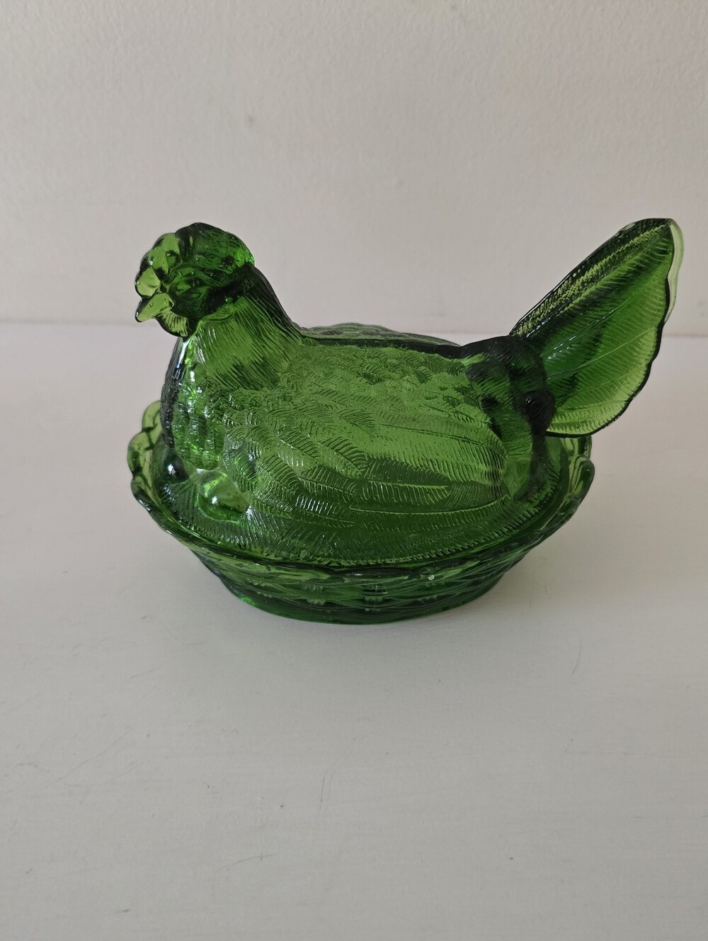 Vintage Green Glass Hen on Nest Covered Dish